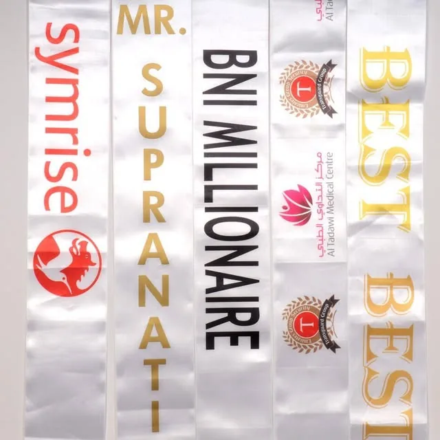 White satin sashes printed with company names and award titles